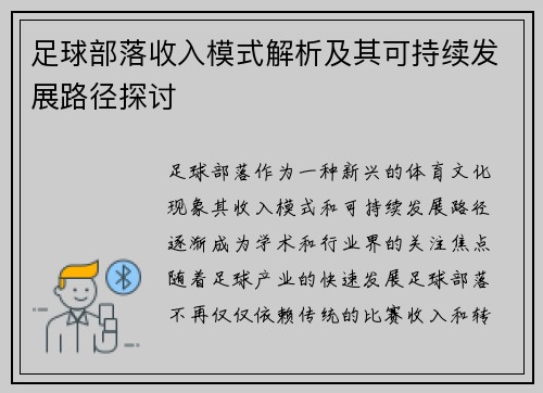 足球部落收入模式解析及其可持续发展路径探讨